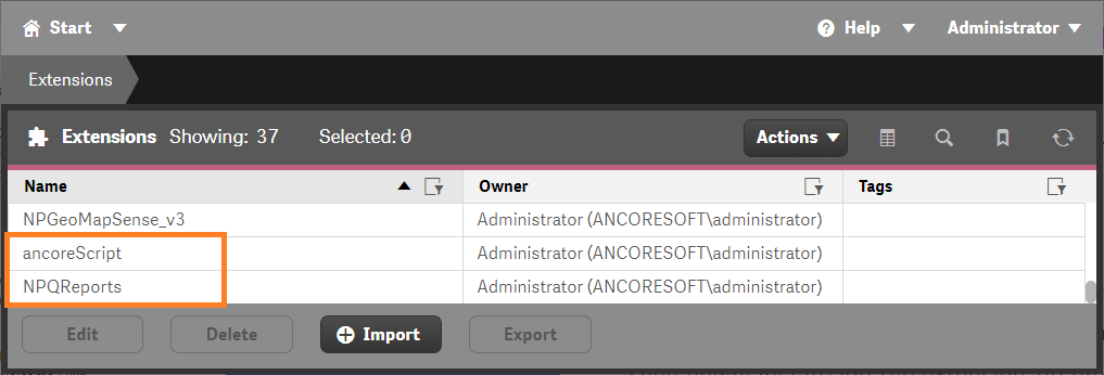 Installed extensions list