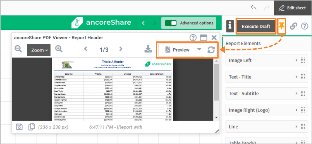 Execute draft and preview window