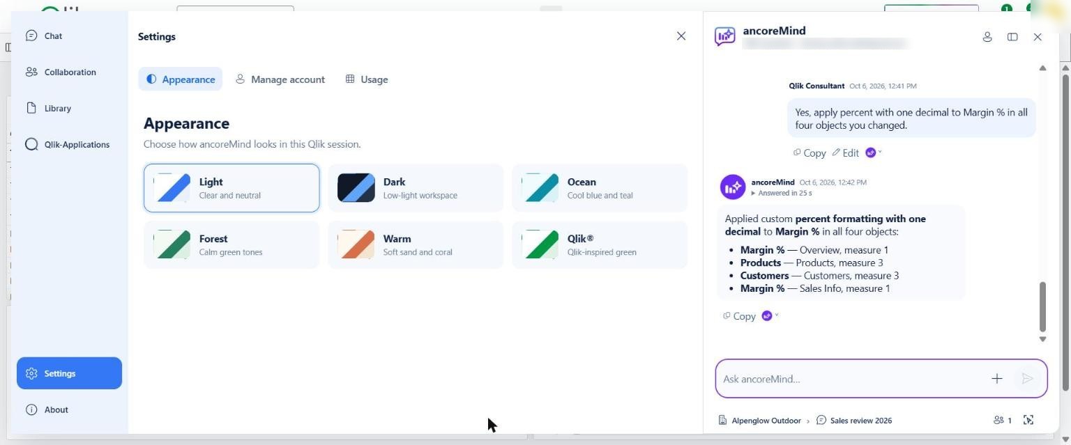 ancoreMind in the full view: menu on the left, Settings in the middle, the chat on the right