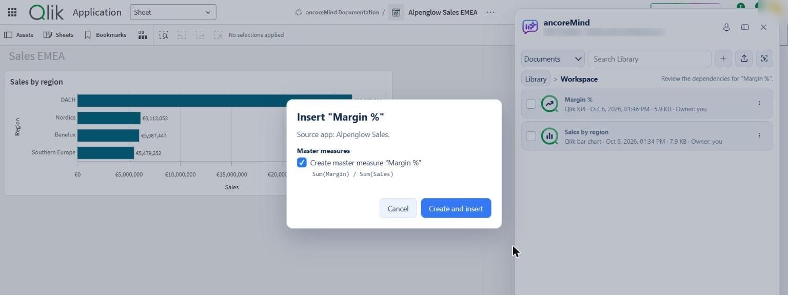 The dialog Insert "Margin %": source app Alpenglow Sales, Create master measure "Margin %" with Sum(Margin) / Sum(Sales), buttons Cancel and Create and insert