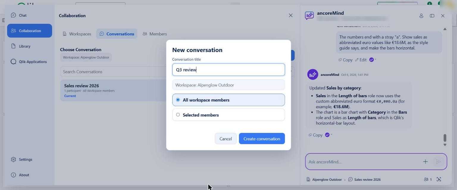 The dialog New conversation with the title Q3 review, the Workspace Alpenglow Outdoor and the access options All workspace members and Selected members