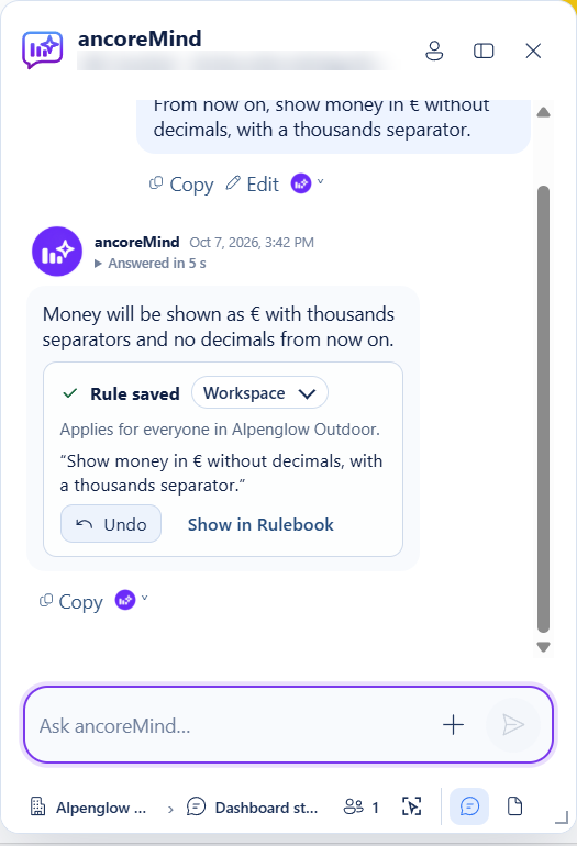ancoreMind confirms a new rule in the chat: Rule saved, Workspace, applies for everyone in Alpenglow Outdoor, with Undo and Show in Rulebook