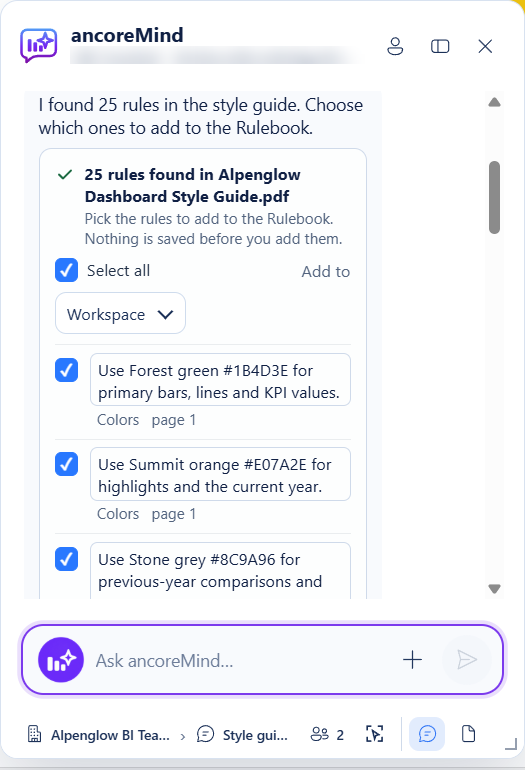 ancoreMind proposes rules from a PDF: 25 rules found in Alpenglow Dashboard Style Guide.pdf, with Select all, Add to Workspace and the first color rules with their page