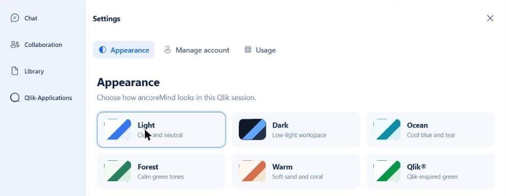 The Appearance settings with the themes Light, Dark, Ocean, Forest, Warm and Qlik
